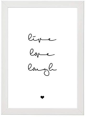WANDKIND LIVE, LOVE, LAUGH inklusive Bilderrahmen DIN A4 - Poster mit Rahmen - Kunstdruck als Wand-Dekoration (Weiss)