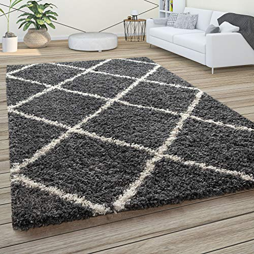 Paco Home Hochflor Teppich Wohnzimmer Schlafzimmer Shaggy Skandinavisch Rautenmuster, Grösse:80x150 cm, Farbe:Anthrazit