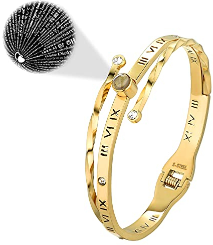 Flongo Damenarmband Edelstahlarmband Damen Armband Frauen Armreif BFF Ketten mit römischen Ziffern Gravur Gold Golden Elegant für Frauen