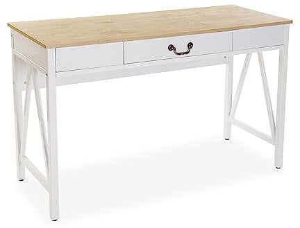 Versa Christoph Mesa Escritorio para el Ordenador, Mesa para la Habitación o Estudio. Mesa Gaming, con Cajón, Medidas (Al x L x An) 76 x 45 x 120 cm, Madera y Metal, Color Marrón y Blanco