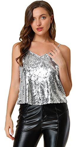 Allegra K Damen Festliches Oberteil Glitzer Top Spaghetti Party Club Camisole Pailletten Shirt Silber XS