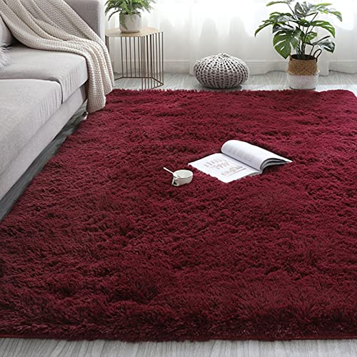 Hochflor 200x300cm Carpet Wohnzimmer Nachahmung Wolle Teppich Fellteppich Faux Lammfell Flauschig für Bettvorleger Sofa Matte Oder Schlafzimmmer Deko Usw, Weinrot