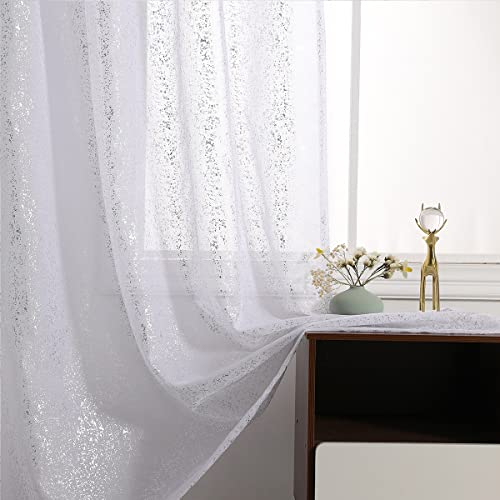 TERLYTEX Lot de 2 Rideaux Transparents à Paillettes pour Salon – Voilages Blancs à Paillettes Chic de 213,4 cm de Long, Rideaux de fenêtre Transparents en Feuille argentée métallisée Brillante, 132,1