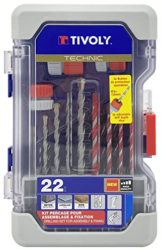 Tivoly 11901170061 Coffret Ranger 22pcs, Forets Carrelage, Béton, Bois et 3 butées de profondeur pour forets de Ø3 à 12mm