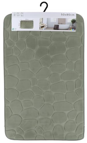 TENDANCE - Tapis memoire de Forme Microfibre Galet 50x80cm - Vert Kaki
