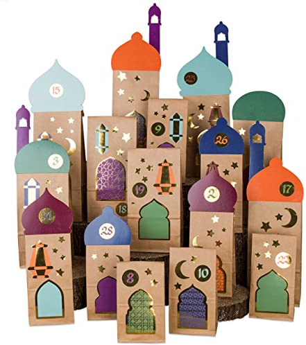 Papierdrachen 30 Ramadan-Geschenktüten mit Aufklebern und vorgestanzten Teilen - Bastelset - Eid Mubarak - Islamische muslimische Dekoration - mit goldenen Stickern - Deko und Kalender für Kinder