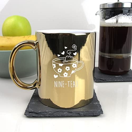 eBuyGB Engraved Metallic Shiny Gold Coffee Mug -Nine-Tea Design - 350ml Tea Cup, 90th Birthday Gifts for Women