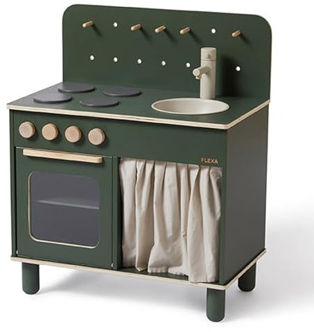 FLEXA Spielküche Holz - Kinderküche Holz für Kinder | Holzküche Kinder zum Nachspielen von Abendessen, Abwaschen und Dessert Zubereitung, voller funktionaler Details