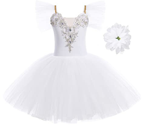IWEMEK Kids Girls Ruffle Sleeve Lace Flower Tutu Ballet Dress + Hair Clip Gymnastics Leotard Dance Ballerina Costume Fairy Swan Skating Children Dancewear Ballroom Dancer Costume White 9-10 Years