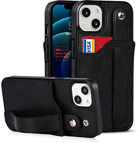 Yidai-Silu for iPhone 12 Mini PU leather Case【Card Holder，Kickstand Function，RFID Protection】 Wallet Case Hand Strap Shockproof Finger Clip Back Cover for iPhone 12 Mini 5,4 - Black