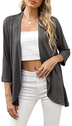 TASAMO Women’s Summer Cardigans Lightweight Open Front Draped Ruffles Hem 3/4 Sleeve Cardigan(Large, Dark Gray)