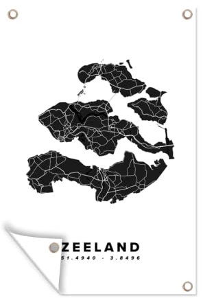 MuchoWow Outdoor-Poster Poster Wanddeko draußen Deko Garten Gartenposter 60x90 cm Zeeland - Karte - Schwarz - Weiß