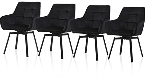 TUKAILAI Esszimmerstühle Drehbar 4er Set, Drehstuhl esszimmer Samt mit Armlehnen Rückenlehne Gepolsterter Sitz Metallbeine, Armlehnstuhl Küchenstühle Polsterstuhl Sessel für Küche Wohnzimmer,Schwarz