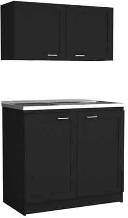 FM FURNITURE 2-Piece Kitchen Cabinet Set with Upper & Lower Storage Cabinets, Interior Shelves & Double Doors, Modern Kitchen Organizer Furniture, Particleboard, Dark Brown- Freestanding, Pantry