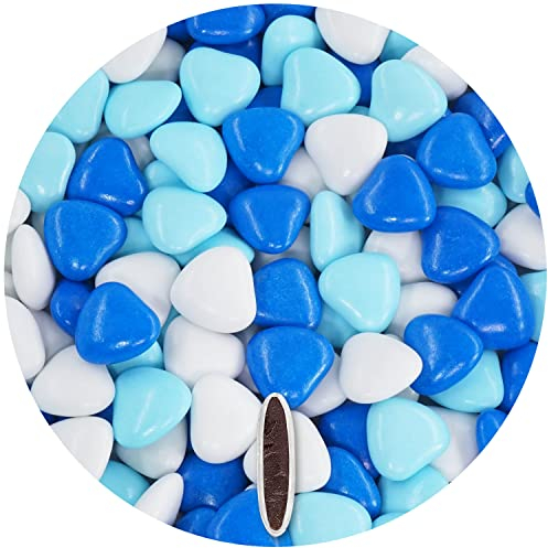 EinsSein Schokoherzen Hochzeit Herz Dragees weiss-hellblau-blau glanz 1kg Mix | ca. 1,8 cm | Gastgeschenke Taufe Junge, Kommunion, Kindergeburtstag | Schokodragees, Schoko in Herzform