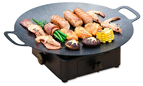 Tissting Korean BBQ Grill Pan Round Cast Iron Baking Stone Tray with Handle Smokeless Non Stick BBQ Tray Outdoor Frying Pan Compatible for Induction Gas Stove,Electric Cooktop(36 * 30 * 2cm)