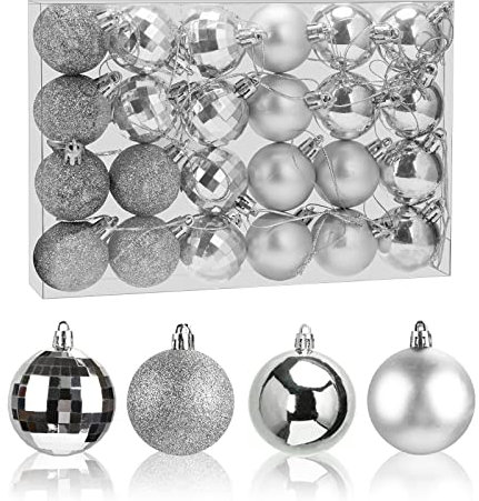 Aitsite Christmas Baubles 24 Pcs Shatterproof Xmas Tree Ornaments - 4CM Mini Hanging Ball for Home Festival Party (Silver)