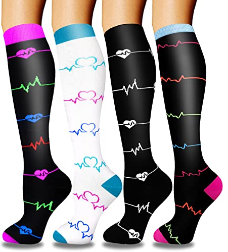 ACTINPUT 4 Paar Kompressionsstrümpfe für Damen Herren, Bunte Stützstrümpfe Kompressionssocken für Sport, Flug, Laufen, Reisen, Radsport, krankenschwester(4112 - Schwarz,S-M)