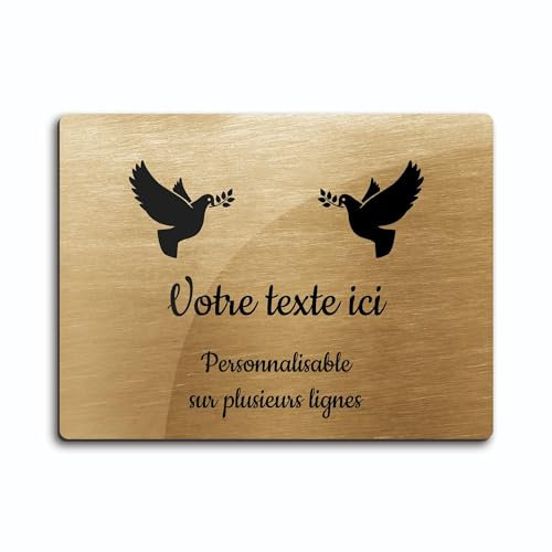 Plaque gravée funéraire motif Deux Colombes avec rameaux autocollante modèle rectangle (20x15 cm) personnalisée 1 à 3 lignes Or Brossé
