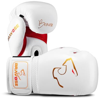 BRAVOSE Alpha Strap Boxing Gloves Mens, Women for Entry Level Boxers for Punching Bag Training & Sparring MMA Kick Boxing Muay Thai Made By Premium PU Leather Ventilated Palm (White Red, 14 Oz)