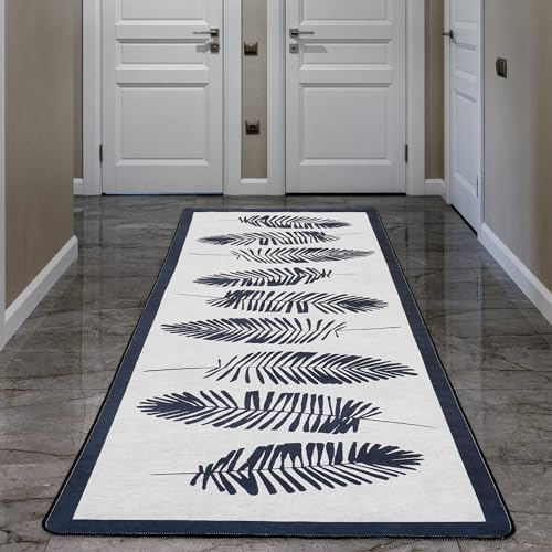 miqna Wohnzimmer Teppich Kurzflor Moderne geometrische rutschfeste Boden Flur Teppich Gel Läufer schwarz weiß (Hoja, 80 x 300 cm)