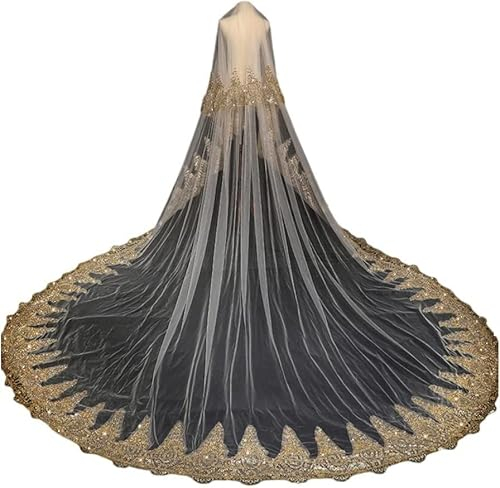 OIDESA Brautschleier, Brautschleier, Braut, Brautschleier, Brautschleier, Zwei Schichten, 3 m, goldene Spitze, Langer Brautschleier, Brautschleier mit Kamm und Ellbogenlänge