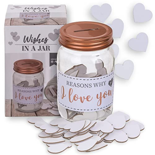 MIJOMA Einmachglas der Liebes-Wünsche - Reasons why I love you - mit 50 beschriftbaren Karton-Herzen - ca. 12 x 7,5 cm - Liebevolles Wunschglas