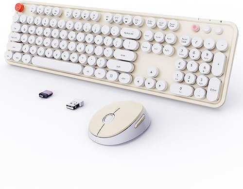 Tastiera e mouse combinati, tastiera ergonomica full-size con tastiera rotonda retrò, compatibile con Windows, PC, Perfer per tastiere di casa e ufficio (beige