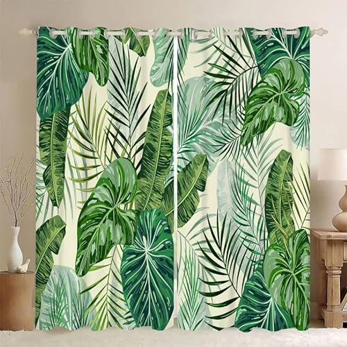 Vorhang Blickdicht GrüNe Monstera Gardinen mit Ösen Verdunklungsvorhänge Schallschutz Druck Thermogardine Ösenvorhang für Wohnzimmer Schlafzimmer - H138 x B117 cm 2er Set