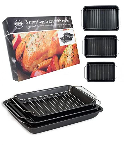 YöL Set of 3 Roasting Trays With Removable Rack Non-Stick Cooking Oven Accessories Sunday Roast Chicken Turkey Christmas Dinner