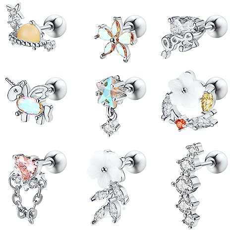 Dochais 9 Stücke 16G Helix Piercings für Damen Chirurgenstahl Ohrringe Piercing 316L Hypoallergen Blume Ohr Piercing Ohrstecker Knorpel Ohrringe Set Helix Tragus Piercing Ohr Schmuck 585 Vergoldete