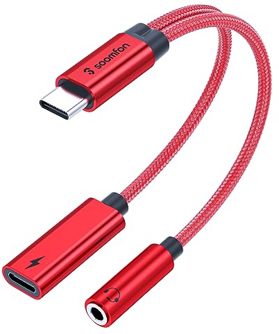 SOOMFON 2 in 1 Adattatore USB C a Jack da 3.5mm per Cuffie, HiFi audio Tipo C a cavo Dongle Aux, Ricarica rapida da 60W, per iPhone 15/15 Pro Max, Samsung S24/S23/S22, Huawei, Pixel ecc (rosso)