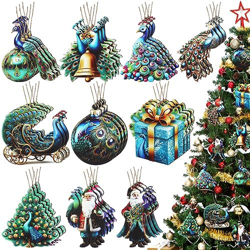 Barydat 30 Stück Weihnachtsschmuck-Set aus Holz Pfau Weihnachtsdekorationen Pfau Weihnachtsmann Dekorationen mit 30 cm Seilen für Weihnachtsbaum dekorative hängende Ornamente