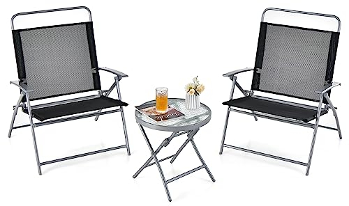 COSTWAY 3PCS Patio Bistro Set, Garden Folding Chairs and Table Set with Ripple-like Glass Tabletop, Metal Frame Outdoor Dining Furniture Conversation Set for Balcony, Deck, Yard, Poolside