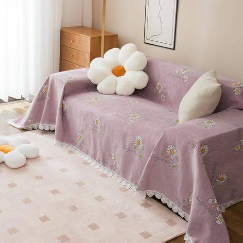 Gualiy Sofa Bezug 180x350cm, Blume Gedruckt mit Spitze Sofabezug 4 Sitzer Sofabezug Antirutsch Rosa Sofa Überzug für Wohnlandschaft