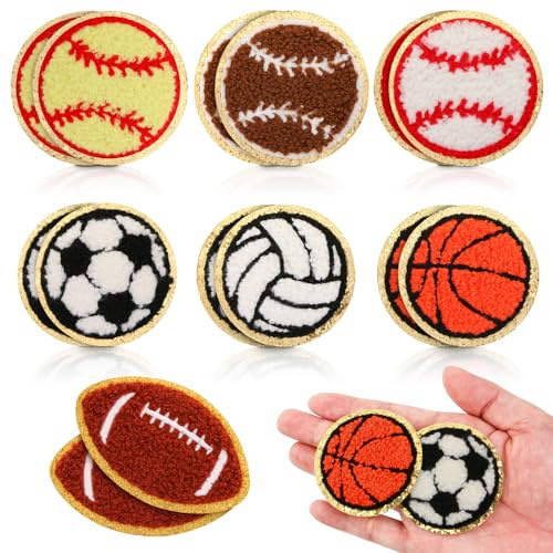 BENOSPACE 14 PCS Chenille Sports Iron On Patch Embroidered Patch Basketball Football Baseball Rugby Applique Gold Edges Chenille Patches for DIY Craft Decoration Clothing Repair Jackets Bags Sewing