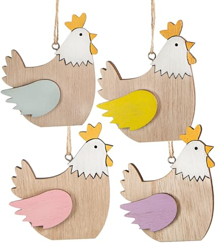 Logbuch-Verlag 4 Holz Hühner Osterdekoration zum Aufhängen 15 cm Natur bunt Osteranhänger Osterstrauch Deko