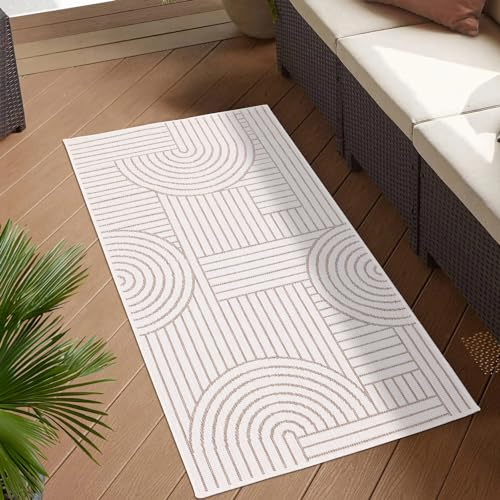carpet city Outdoor Teppich Wetterfest 80x150 cm - Creme-Beige - Wendeteppich, Beidseitiges Streifen Muster - Balkonteppich Wasserfest Outdoor - Terrassenteppich