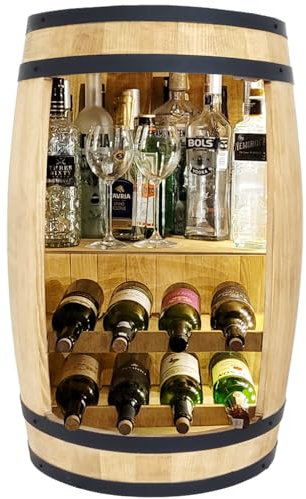 Fassbar Weinregal Holztisch 80x50cm LED Weinfass Bartisch Hausbar Regal Alkohol Schrumpfflaschenregal Regale Holzfass Theke Fassmöbel Weinregal Möbel Wohnzimmer