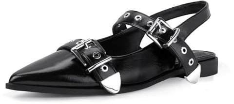 PODAIK Women's Buckle Ballet Flats Pointed Closed Toe Slingback Shoes with Low Heel Comfortable Dress Flats, Black, 4 UK