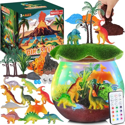 RONSTONE Dinosaurier Terrarium Set für Kinder ab 4 5 6 7 8+ Jahren | STEM Lernspielzeug mit LED-Vulkan & Fernbedienung | Kreatives Geburtstagsgeschenk/Jungen Geschenk (10 Dino-Figuren & Werkzeug)