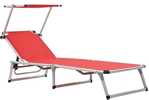 Homgoday Transats de soleil, lit de soleil pliable, toit en aluminium, tissu rouge, canapé-lit, meubles de jardin, lit de piscine, chaise longue de jardin