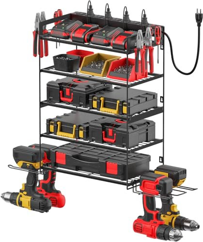 CCCEI Garage Werkzeuge Aufbewahrung mit Ladestation Elektrowerkzeug Akku Organizer Utility Regal mit Steckdosenleiste 4 Bohrmaschinen Halter Wandhalterung Rack Schwarz 5 Schichten