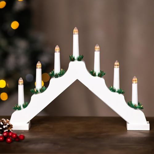 Marco Paul White Wooden Christmas Candle Bridge - Festive Traditional LED Lights Flameless Candles Large Christmas Decorations Indoor Living Room, Window Decoration Candlebridge