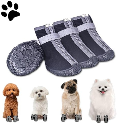 Hundeschuhe Pfotenschutz Outdoor, 4 Stück Wasserdicht Hunde Schuhe mit Reflektierendem Klettverschluss, Verstellbarer Hundestiefel für Kleine Mittlere Große Hunde (Schwarz-Wasserdicht, 5)