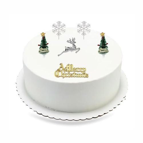 Christmas Cake Toppers Merry Christmas Cake Decoration Set 1x Xmas Sign 1x Reindeer 2x Snowflakes 2x Christmas Trees Toppers For Cakes Cupcakes DIY Decor Holiday Happy New Year Party Supplies (6pcs)