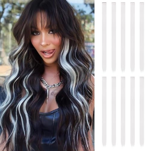 10 Stück Haarsträhnen zum Einklipsen | 55 cm Farbige Clip in Extensions | Langes glattes Bunte Haarsträhnen Kinder | Haarschmuck Mädchen (Weiß)