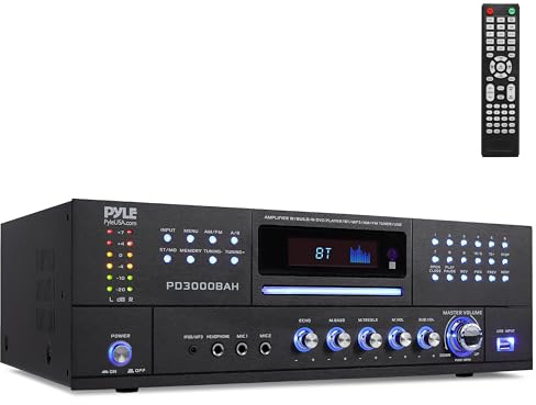 Pyle 3000W 4-Channel Wireless Bluetooth Amplifier - Stereo Home Audio Receiver with Front CD/DVD Player, FM Radio, Hi Def Input,Aux,RCA,USB,2 Mic Inputs w/Echo, Subwoofer Out - Rack Mount