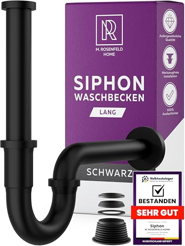 M. ROSENFELD HOME Siphon Waschbecken Schwarz Matt 1 1/4 Höhenverstellbarer Röhrensiphon 85–110 mm – Edelstahl Geruchsverschluss – Abflussrohr inkl. Dichtungen & Rosette