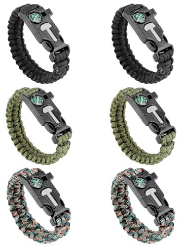 KITDAHOM Lot de 6 bracelets de survie - 5 en 1 - Bracelet d'extérieur 26 cm x 2,5 cm - Paracorde - Avec pierre à feu, sifflet, boussole, grattoir, corde - Pour randonnée, camping, urgence (noir, vert